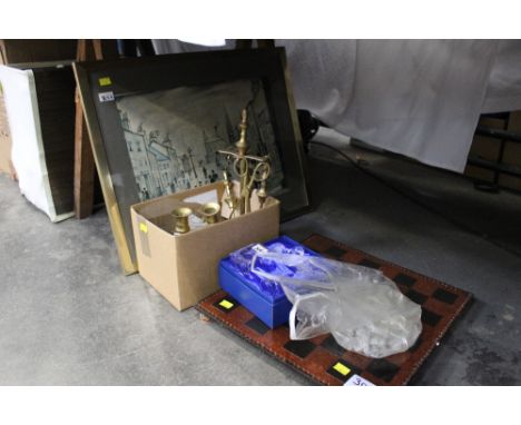 Lowry print, box of brassware, chessboard and decanters