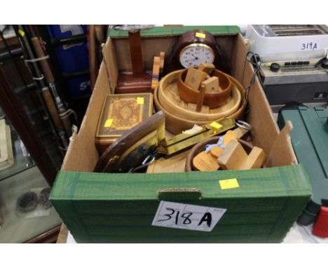 Box of wooden bowls, mantle clock, horse brasses, jewellery box etc