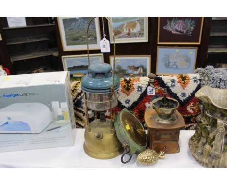Vintage coffee grinder, tilly lamp, scales etc