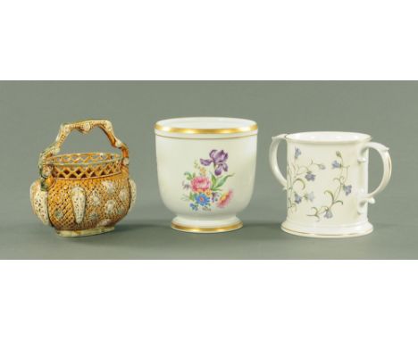 A large Spode two handled mug, together with a Portuguese Vista Alegre planter and a continental pierced basket, tallest 18cm