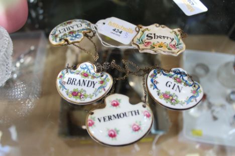 Five ceramic decanter labels, Sherry, Gin, Vermouth, Brandy and Claret 