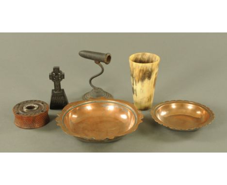 Antique goffering iron, horn beaker, two copper dishes, carved Roman type cross and inkwell (Ref 1033)