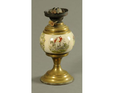 Late 19th early 20th century oil lamp with earthenware reservoir decorated with hunting scenes, height 33 cm, (ref 926)  