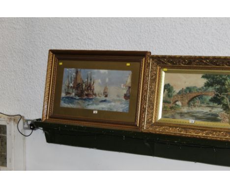 A gilt framed and mounted print of ships, signed to the bottom left 