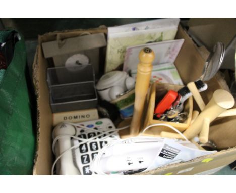 Bag and box of kitchenware, two large button telephones, mantle clock, cutlery etc 