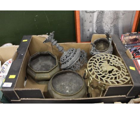 Brass trivet, jardinieres, light fitting etc