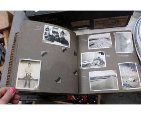 Two vintage photograph albums mostly of Egypt, some military and a box of trinket boxes, decorative plates, film viewer etc 