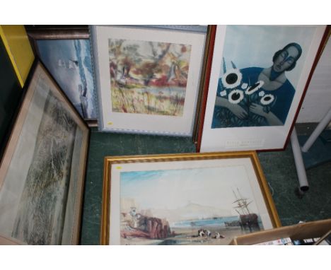 A quantity of artwork to include a framed and mounted print of a birds eye view of The Town of Kingston Upon Hull and Maritim