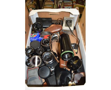 Box of vintage cameras and selection of lenses