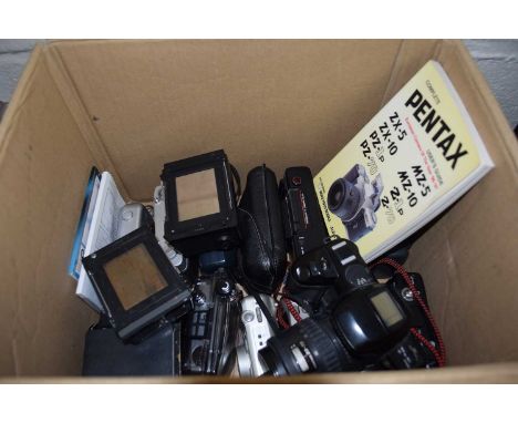 Box of compact film cameras including Pentax &amp; Minolta