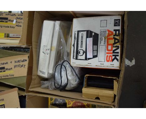 One box of slide projector, cameras, binoculars, Ilford print paper.