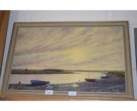 A H THIRTLE, STUDY OF MOORED BOATS, TOGETHER WITH BRIAN BEEDEN, STUDY OF A CHURCH, A FURTHER BROADLAND SCENE AND A COLOURED P