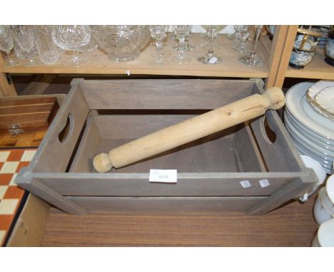 WOODEN STORAGE BOX AND A VINTAGE ROLLING PIN