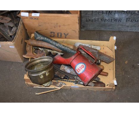 ONE BOX OF ASSORTED TOOLS, ESSO OIL CAN ETC 