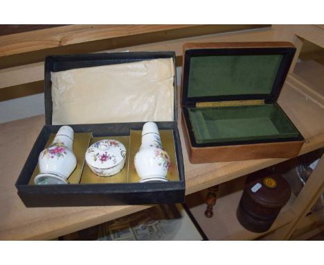 BOXED THREE PIECE HAMMERSLEY CRUET SET TOGETHER WITH A SMALL LEATHER MOUNTED JEWELLERY BOX