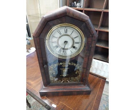  Mahogany Cased Mantle Clock with pendulum 18 1/2 inches tall