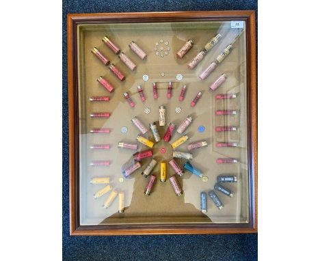 Boxed frame display of shotgun cartridges. 67x57cm. A shotgun license is required to buy this item!!!!!!!