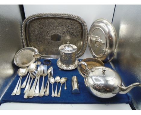 silver plated items to include Sheffield teapot, mappin and webb mixed cutlery, napkin ring and lipstick holder, bottle coast