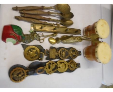 mixed brass items to incluse wooden handled kitchen tools, candle snuffer, pair of bongos and cast iron mouse doorstop pair o