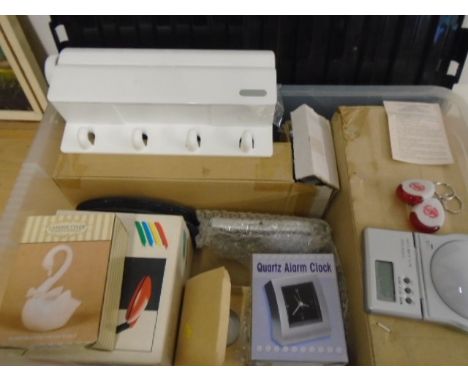 Box of mixed items to include large candle vase, china swan, 2 x china candlesticks, led key fobs, alarm clock, battery light