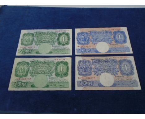 4x Bank of England One Pound Notes - 2x blue K Peppiatt 1934-49, 1x green K Peppiatt and 1x green P S Beale 1949-55