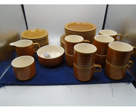 Hornsea saffron tea set, 6 plates 22cm, 12 plates 17cm, 10 saucers, 10 mugs, milk jug, sugar bowl and 1 bowl 