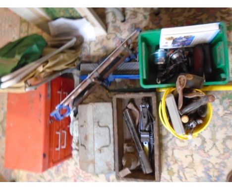 Tools, tool boxes, mitre say, sythe, box of fishing reels and 2 small fishing fold out stools