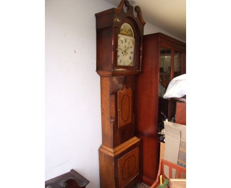 Antique Longcase Clock with painted Dial with Windmill Scene. 2 Weights and Pendulum and key. ( Removed from a deceased estat