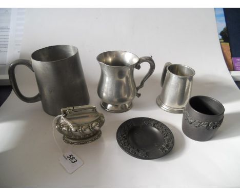 Ronson 'Crown' table lighter plus Wedgwood ashtray and cigarette holder and 3 pewter tankards include one Perak of Malaysia c