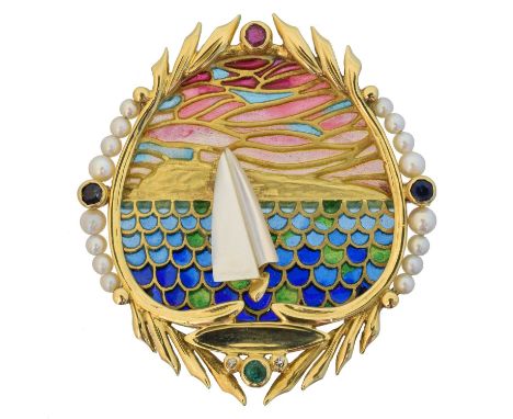 An 18ct gold plique-à-jour brooch by J. Roca, An 18ct gold plique-à-jour and gem-set brooch by J. Roca, designed as a mother 