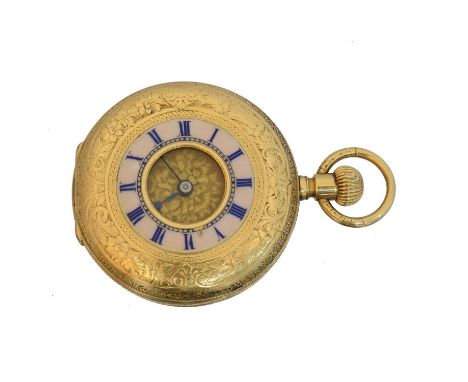 A Victorian 18ct gold half hunter fob watch by Thos. Russell & Son,  A Victorian 18ct gold half hunter fob watch by Thos. Rus