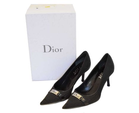 A pair of Dior black logo heels, A pair of Dior black logo heels, with silver tone hardware, size EU 39, UK size 6. With make