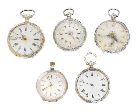 Five silver fob watches, Five silver fob watches, one by A. Appleton, Prescot, four unsigned, case diameters 38 to 46mm, gros