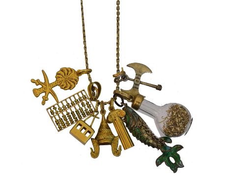 A chain necklace, A chain necklace, suspending eight charms to include an abacus, an enamel articulated fish, an axe, etc, gr