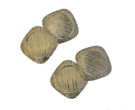 A pair of cufflinks, A pair of cufflinks, with engine turned detailing, stamped 14k, length 1.3cm, gross weight 3.6g. 