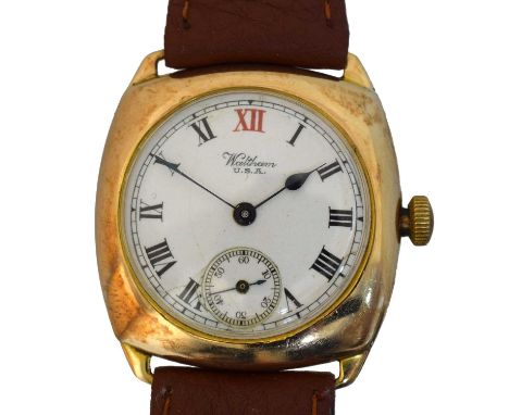 A 1930s 9ct gold Waltham manual wind wristwatch, A 1930s 9ct gold Waltham manual wind wristwatch, the signed dial with roman 