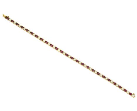 A ruby and diamond line bracelet, A ruby and diamond line bracelet, the circular shape ruby and brilliant cut diamond line wi