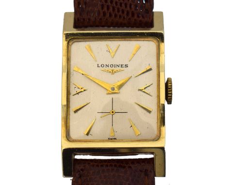 A 1940s 14K Longines manual wind wristwatch, A 1940s 14K Longines manual wind wristwatch, the signed rectangular dial with ba