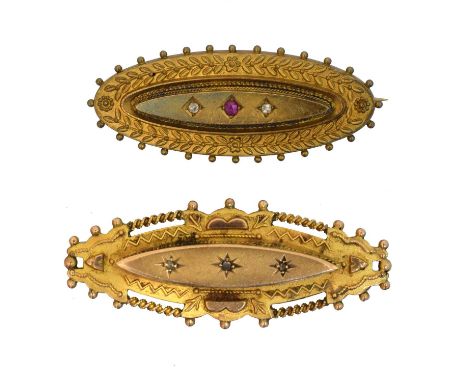Two gold diamond brooches,  Two gold diamond brooches, one 15ct set with ruby and diamond, the other 9ct with rose cut diamon