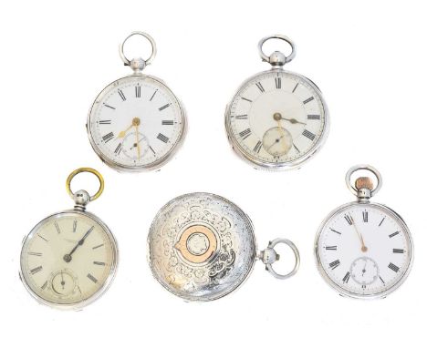 Five silver pocket watches, Five silver pocket watches, to include a hunter pocket watch by John Forrest, London, an open fac