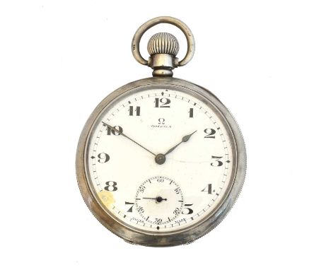 A silver open face pocket watch by Omega,  A silver open face pocket watch by Omega, the signed dial with arabic markers, out