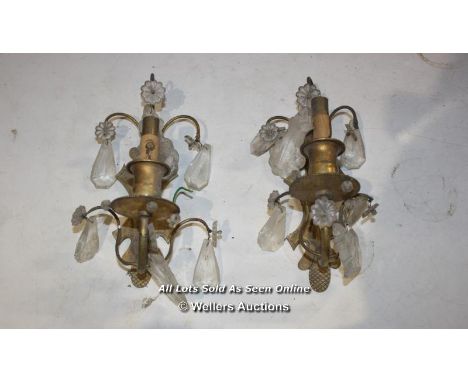 PAIR OF PERIOD BRASS WALL LIGHT FITTINGS WITH GLASS DROPS