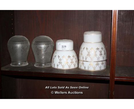SET OF THREE AND A PAIR OF LIGHT SHADES
