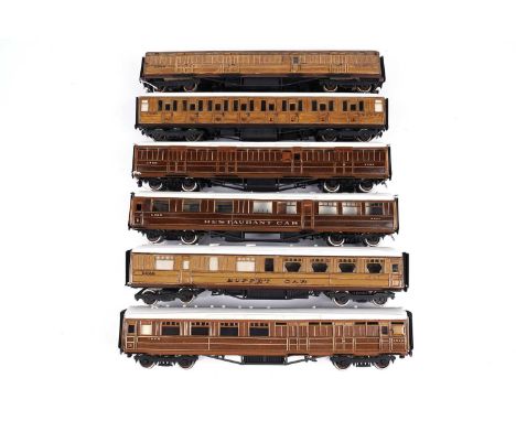 Six kit-built 0-gauge passenger carriages, each in LNER livery, including: a Restaurant Car; a Buffet Car; and others.