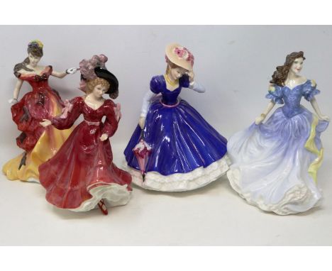Four Royal Doulton Figurines of the Year, Patricia 1993, Mary 1992, Rebecca 1998 and Belle 1996, largest H: 23 cm, no chips o