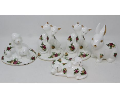 Five Royal Albert animal figurines in the Old Country Roses pattern, with the 1962 back stamp, no cracks or chips, largest H: