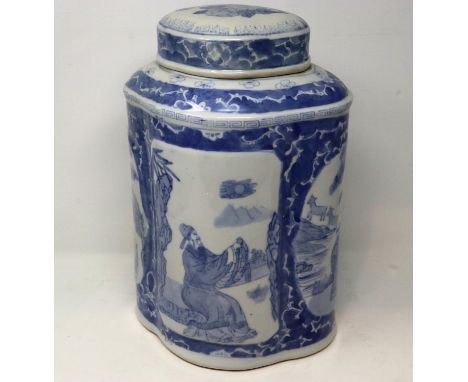 Large Chinese blue &amp; white lidded  tea caddy, marked to base, H: 36 cm. Not available for in-house P&amp;P 