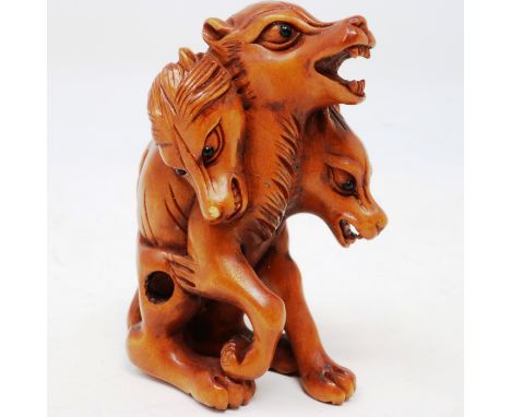 Japanese carved wood netsuke, in the form of inugami, no visible signature, H: 50 mm. UK P&amp;P Group 1 (£16+VAT for the fir