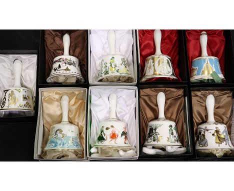 Nine Hammersley ceramic bells, all boxed, some with certificates, flea bites to the rim of some bells otherwise no cracks or 