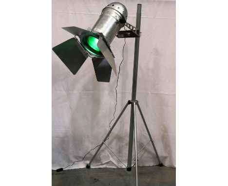 Tall adjustable standard lamp converted from a large aluminium stage light, with barn doors and filter, maximum height 180cm.
